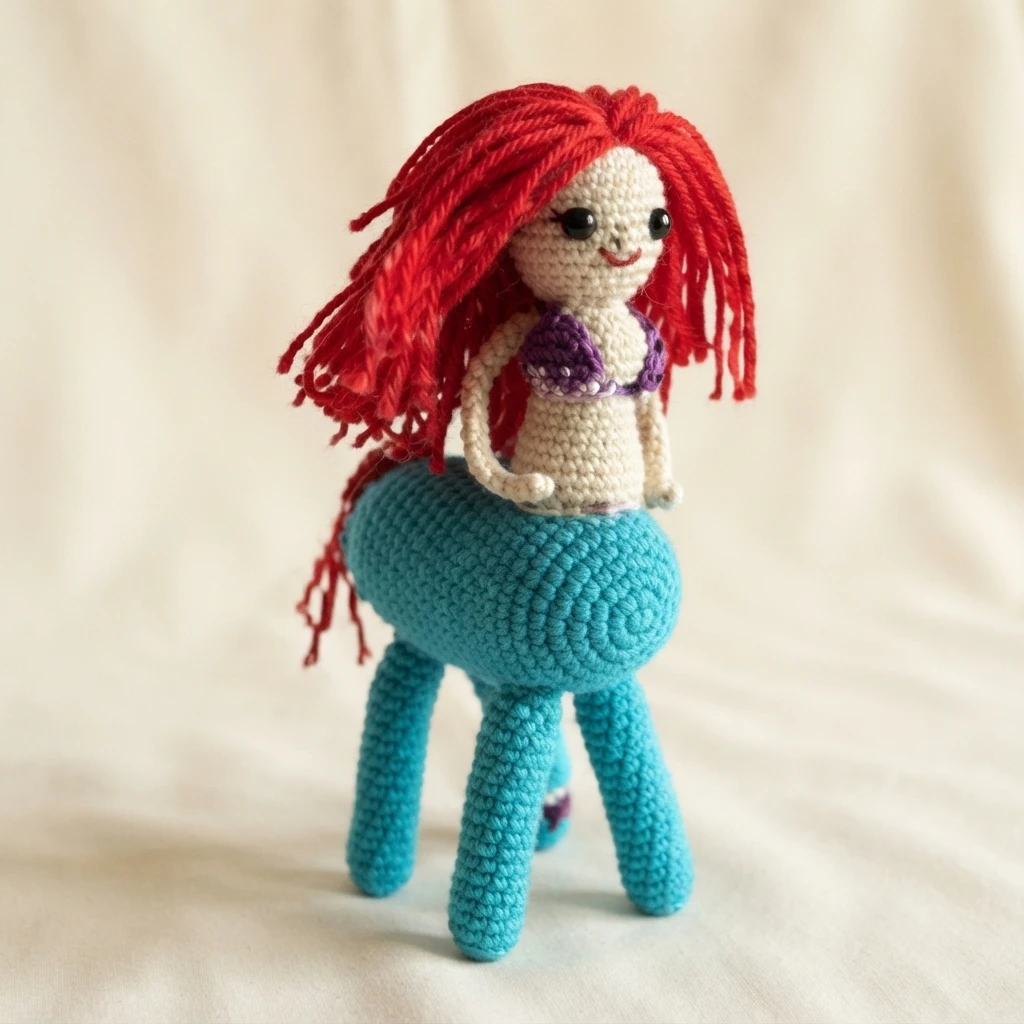 Crocheted centaur-mermaid doll with long red yarn hair, a purple shell top, and a turquoise four-legged lower body, standing on a plain white background.