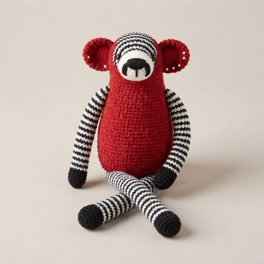 Red crocheted monkey with black and white striped arms, legs and head top, white muzzle, black nose and red ears, seated against a plain light background.