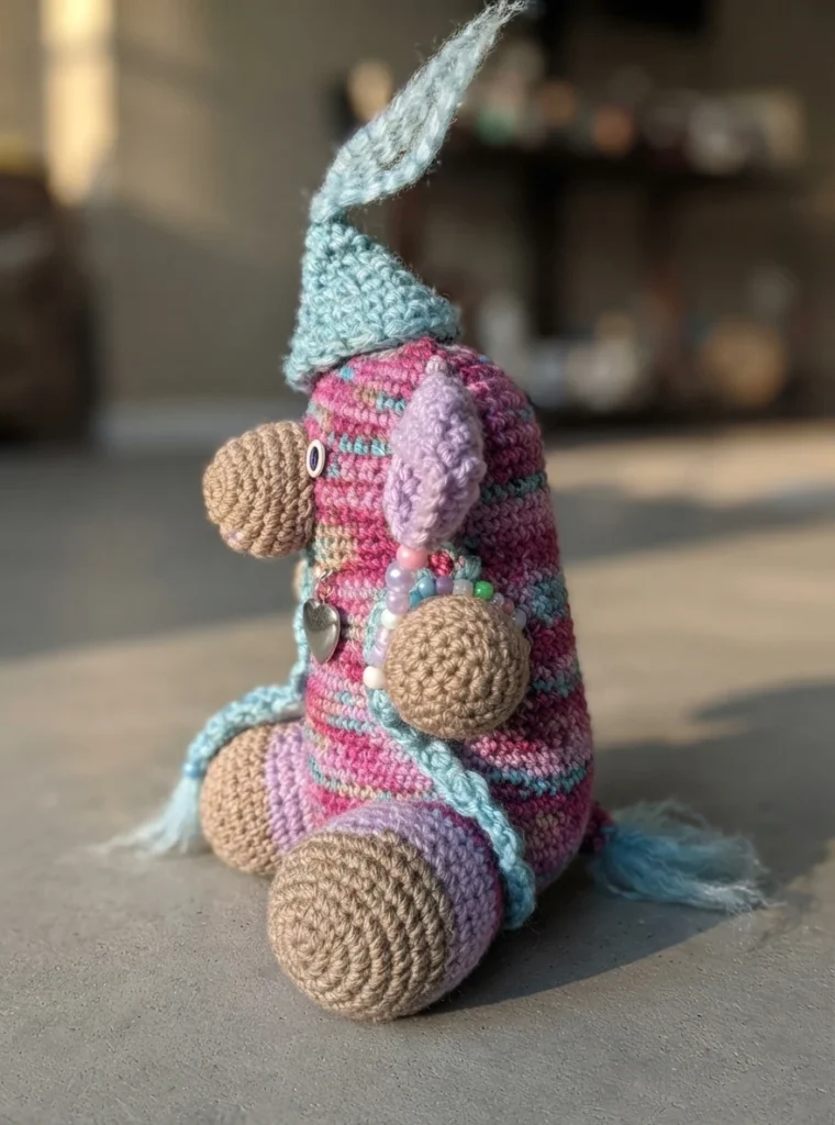 Side view of a colorful crocheted amigurumi figure in pink and purple variegated yarn wearing a tall blue conical hat with a wispy tip, with a tan muzzle and feet and a beaded bracelet with a heart charm, sitting in warm sunlight.