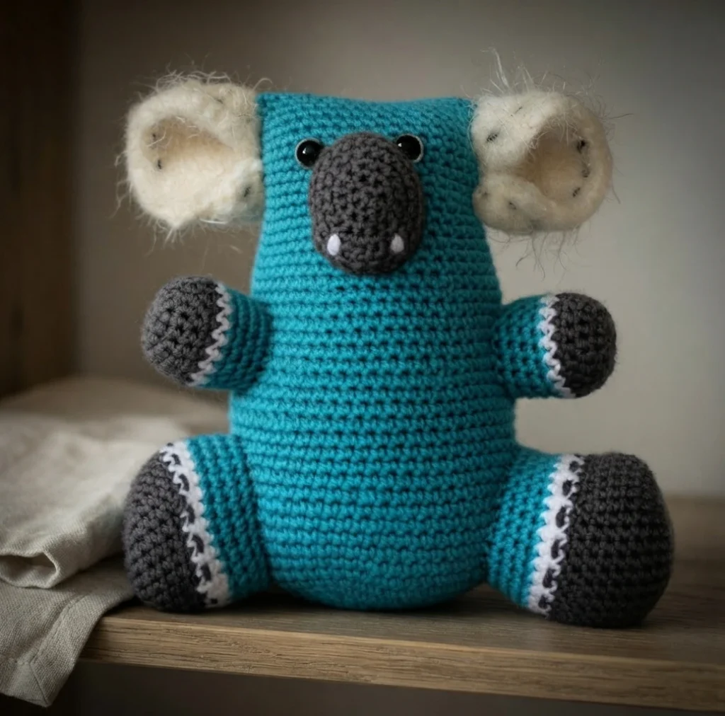 Blue crocheted koala amigurumi with fluffy cream ears, dark grey nose, paws and feet, seated on a wooden shelf next to folded cloth.