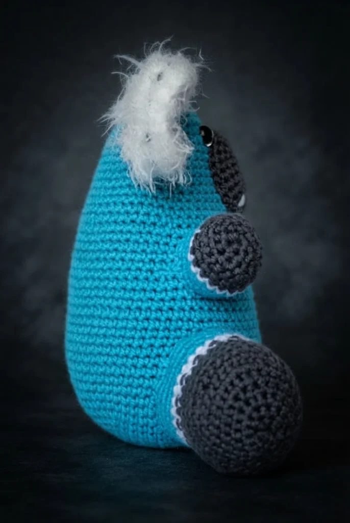 Side view of a blue crocheted koala toy with fluffy white ears and dark grey paws