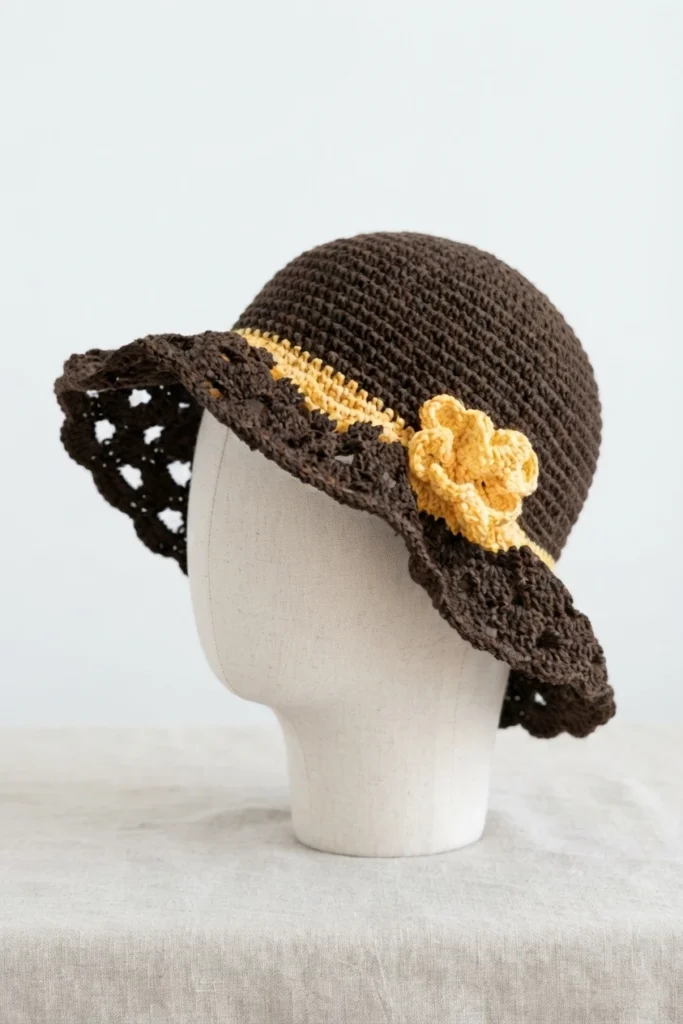 Brown crochet sun hat with a lacy brim, yellow band and yellow flower displayed on a mannequin head