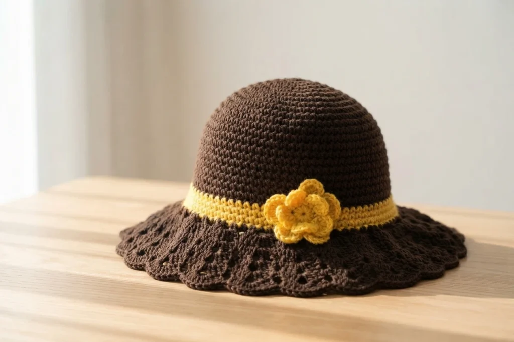 Brown crochet sun hat with a yellow band and a yellow flower, with a brown lace scalloped brim, displayed on a light wooden table