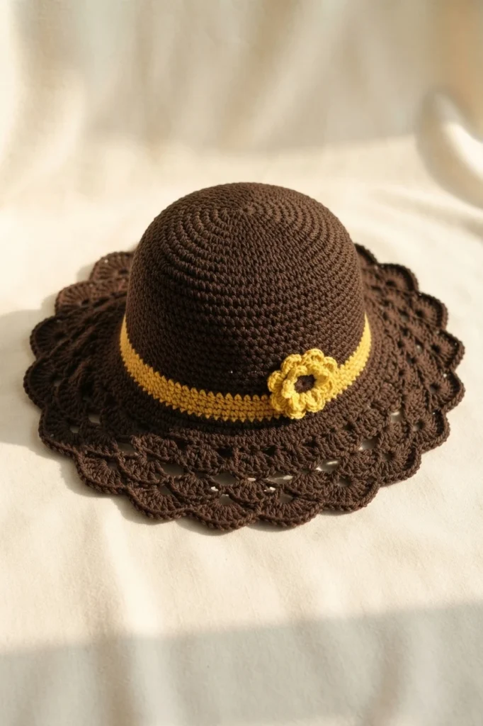Brown crochet sun hat with a mustard yellow band, small yellow flower and lace scalloped brim on light fabric