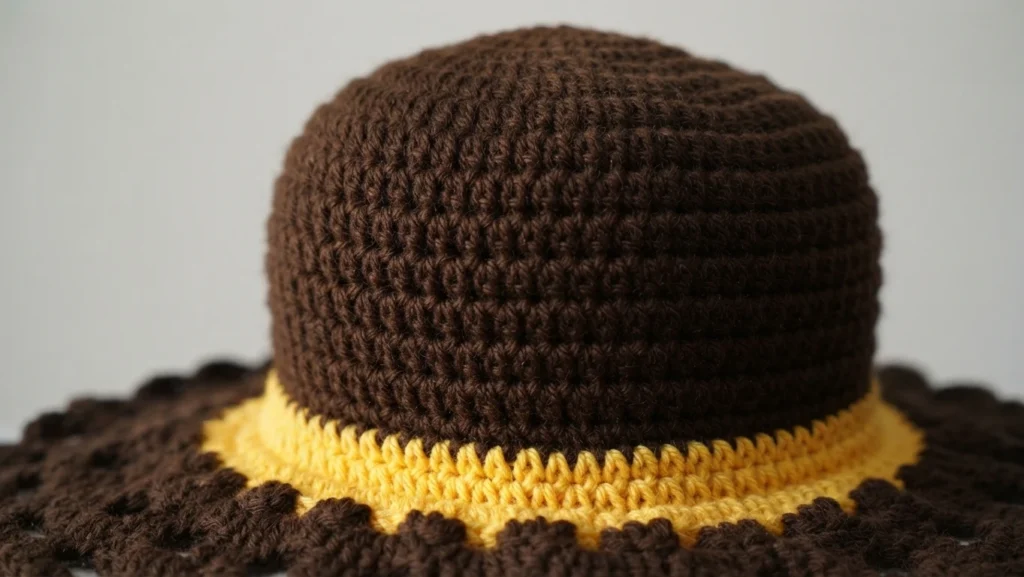 Close-up of a brown crochet sun hat crown with a yellow band and lacy brown brim