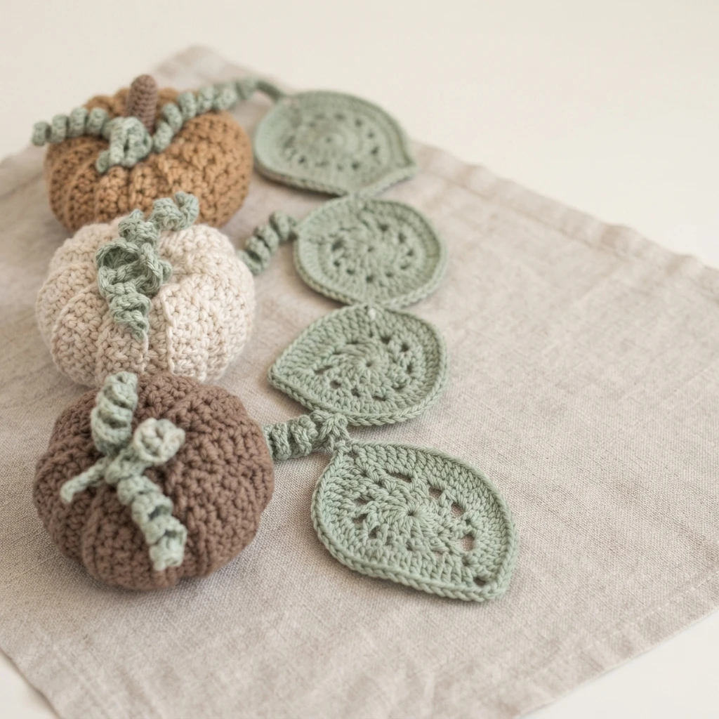 Trois citrouilles crochetées brunes et crème avec des tiges vert sauge bouclées, accompagnées de quatre dessous de verre en forme de feuille.