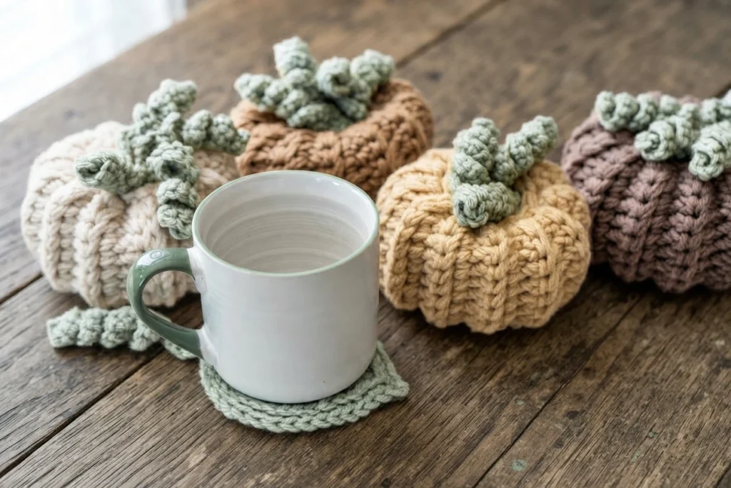 A white mug rests on a sage-green crocheted leaf coaster in front of cream, tan, and brown crocheted pumpkins.