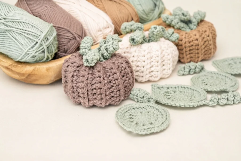 Crocheted pumpkins in muted brown, cream, and tan yarn sit beside sage-green leaf coasters and yarn balls on a wooden tray.