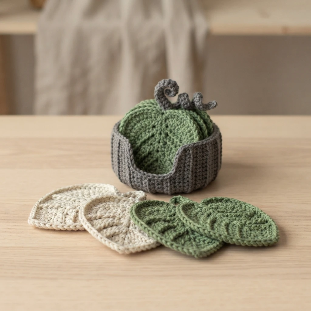 A green crocheted pumpkin sits in a gray holder beside overlapping green and cream leaf-shaped coasters.