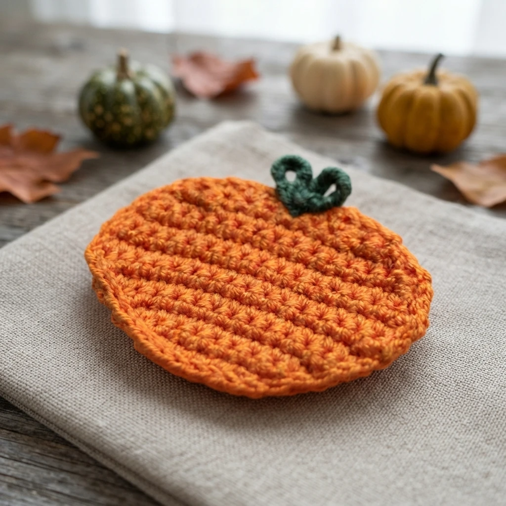 A crocheted orange pumpkin appliqué with a curled green stem rests on fabric, with autumn pumpkins and leaves in the background.