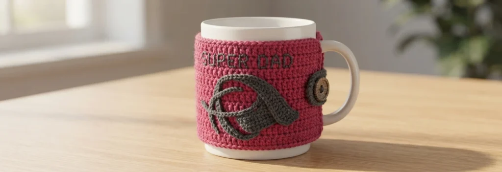 Pink crocheted mug cosy with small SUPER DAD lettering and grey cape applique on a white mug on a wooden table