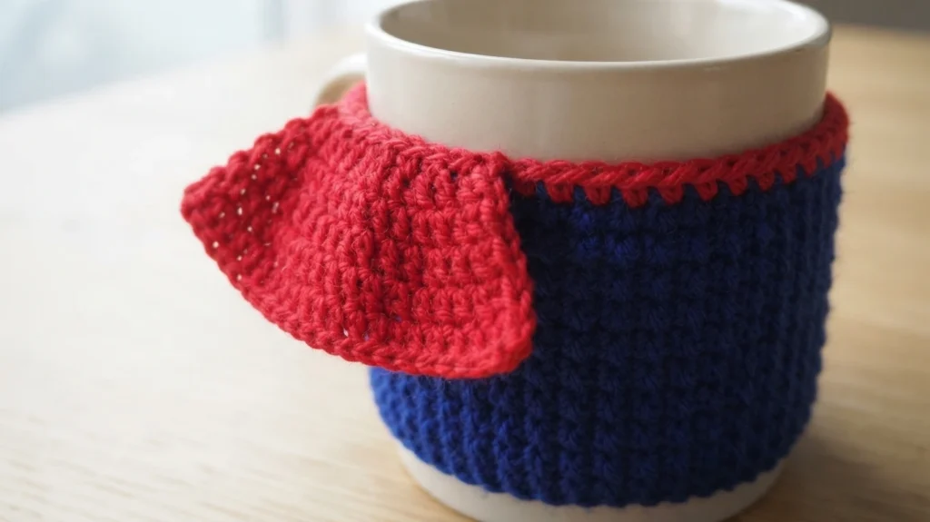 White mug wearing a blue crocheted mug cosy with a short red crocheted cape draped over one side