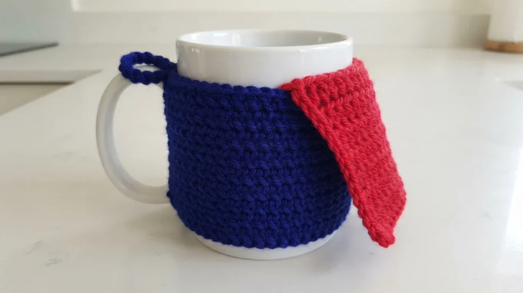 White mug with a blue crochet cozy, red cape attached on the side and blue button loop near the handle