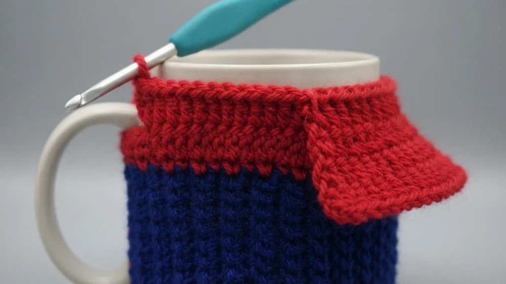 Red crocheted cape being worked onto the top of a blue Super Dad mug cosy on a white mug, with a teal-handled crochet hook in the stitches