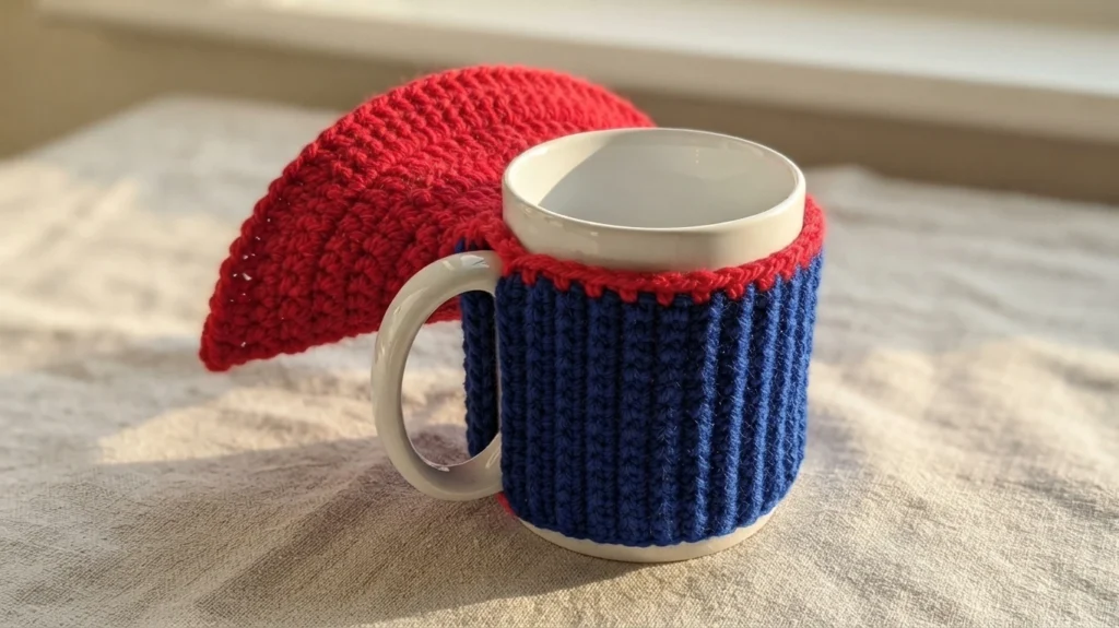 White mug wearing a blue ribbed crocheted cosy with a red scalloped top edge and a red crocheted cape draped behind
