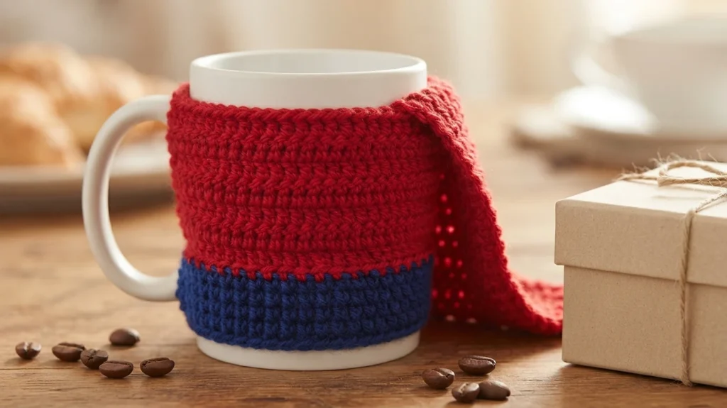 A white mug wrapped in a red and blue crocheted cosy with a long red cape trailing across a wooden table beside coffee beans and a kraft paper gift box.