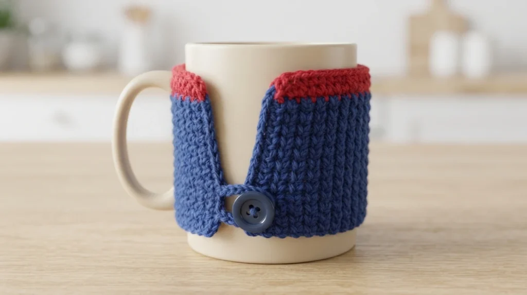 Blue crochet mug cosy with a red top band fastened around a cream mug by a blue button and crochet loop, showing the finished back fastening from the button step.