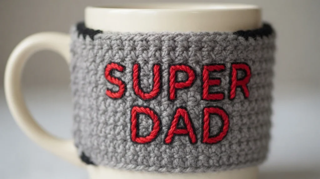 Grey crocheted mug cosy with black trim and red SUPER DAD lettering on a white mug.