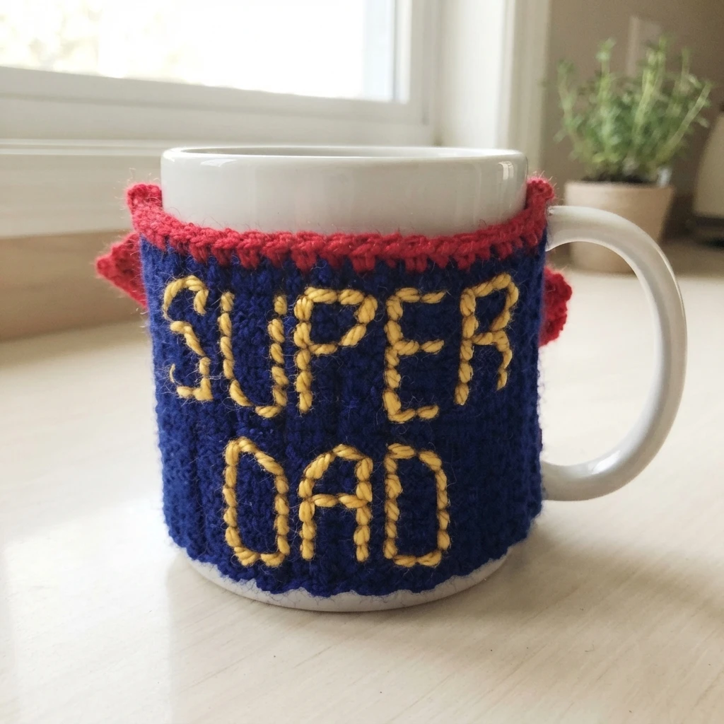 White mug wearing a blue crocheted cosy with red top trim, yellow embroidered SUPER DAD text and small red cape tabs, on a light table near a window