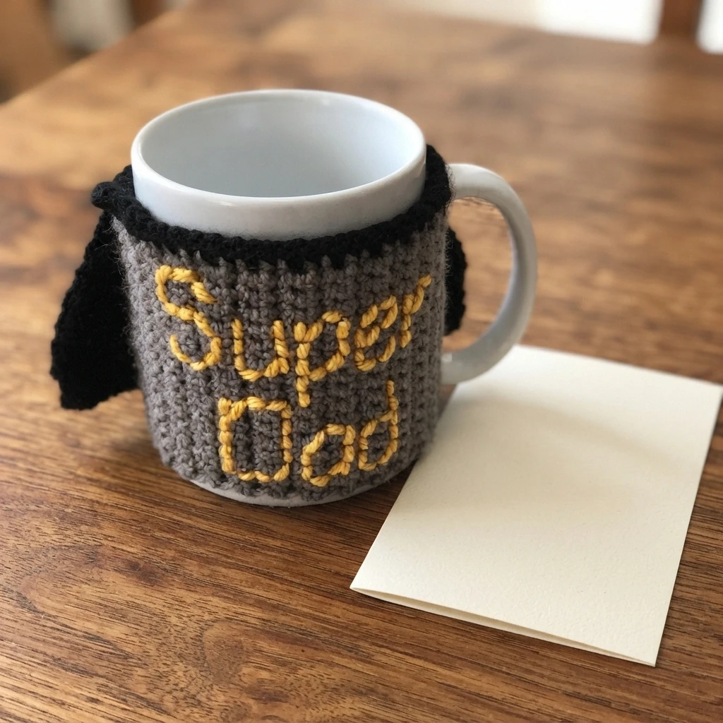 Grey crochet mug cosy with black trim and yellow embroidered Super Dad text on a white mug, beside a blank card on a wooden table.