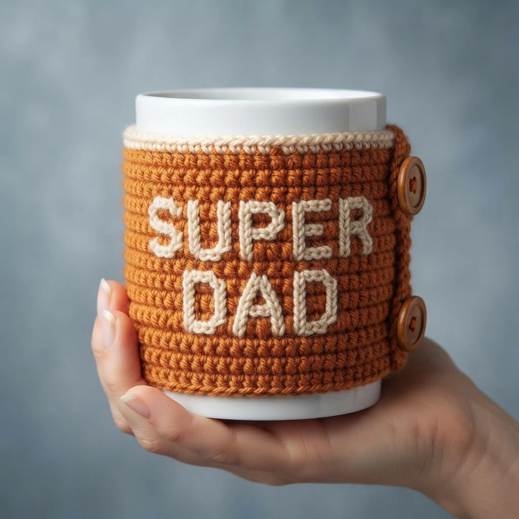 Hand holding a white mug fitted with a rust-orange crocheted cosy embroidered with SUPER DAD in cream yarn, with cream top edging and two wooden buttons at the side.