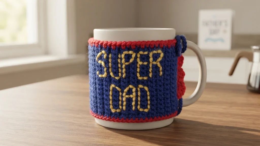White mug wearing a blue crochet cozy with red top and bottom trim, yellow embroidered SUPER DAD text and small red cape detail, on a wooden table near a window