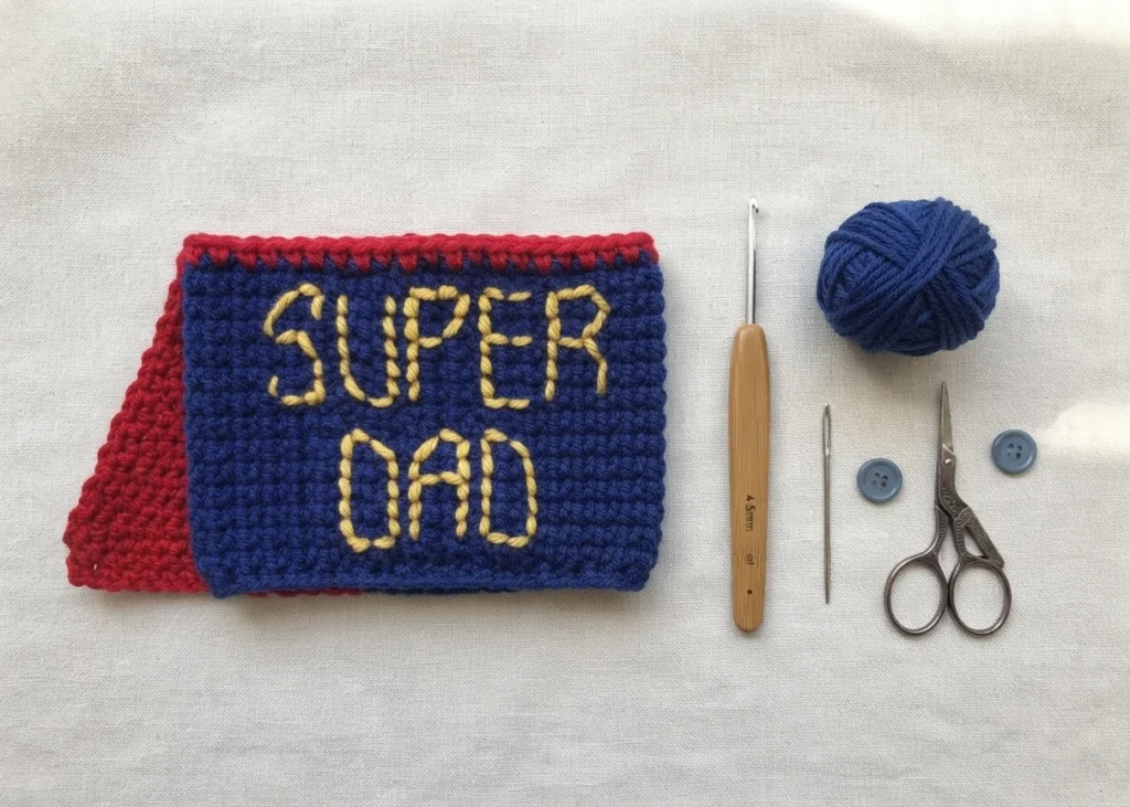 Blue crochet mug cosy with yellow SUPER DAD lettering and red cape laid flat beside a crochet hook, blue yarn ball, needle, scissors and two buttons