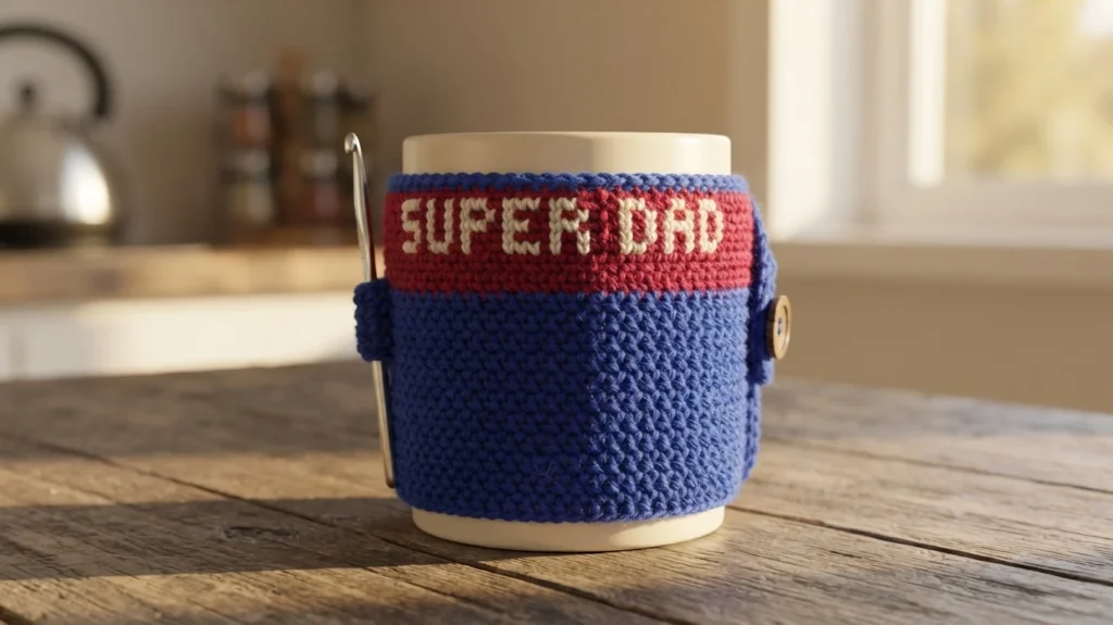 Crocheted blue and red mug cosy with worked-in SUPER DAD lettering on a white mug, shown on a wooden table in a sunlit kitchen.