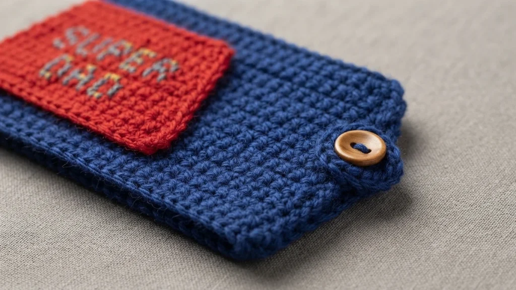 Blue crocheted mug cosy band shown flat with a wooden button fastening and a red crocheted cape with embroidered SUPER DAD text, on a beige surface.