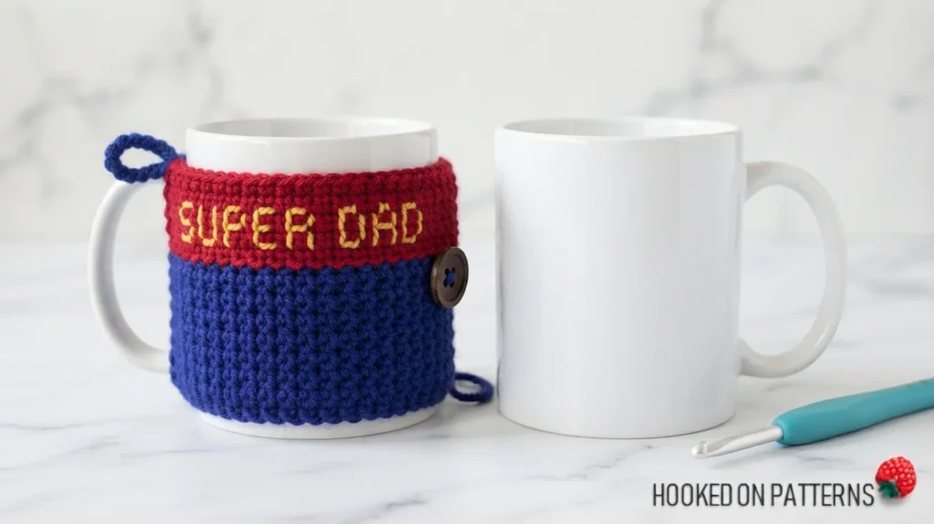 White mug with blue crochet cosy, red top band with yellow SUPER DAD lettering and a side button, beside a plain white mug and a teal crochet hook
