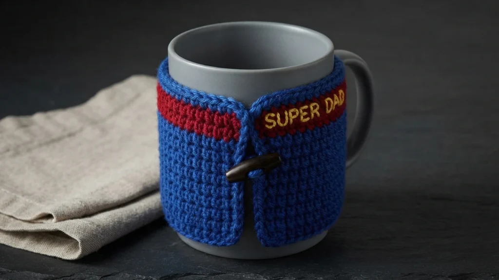 Blue crochet mug cosy with a red band reading SUPER DAD in yellow letters, fastened with a dark wooden toggle button, fitted on a grey mug beside a linen napkin