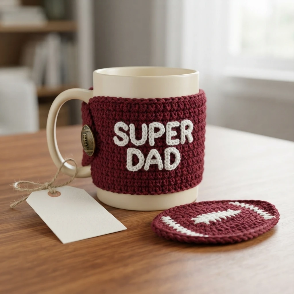 A cream mug on a wooden table wearing a maroon crocheted cosy with the words SUPER DAD in white, a football shaped button at the side, a blank kraft gift tag on twine, and a matching maroon and white crocheted football coaster lying beside