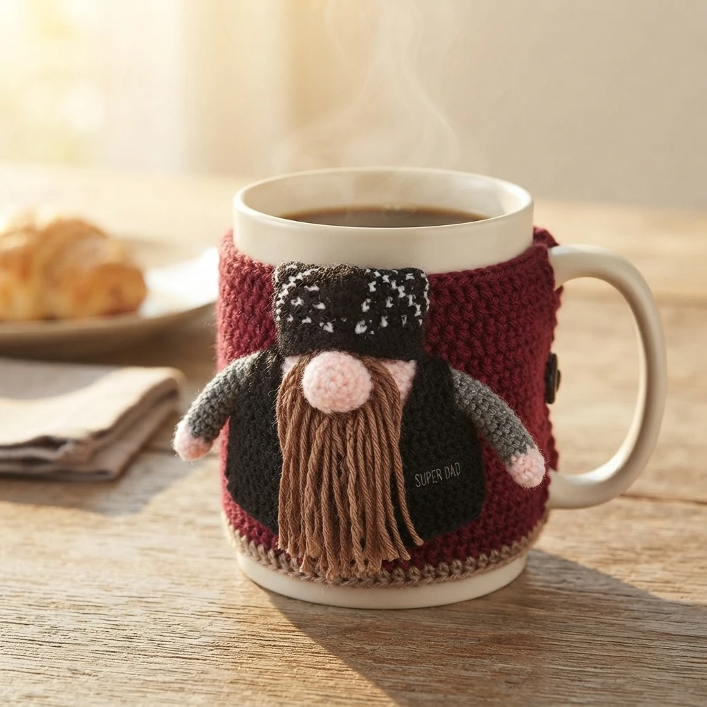 Crocheted biker doll with black jacket, brown beard and pink nose on a burgundy crocheted mug cosy on a steaming white mug.