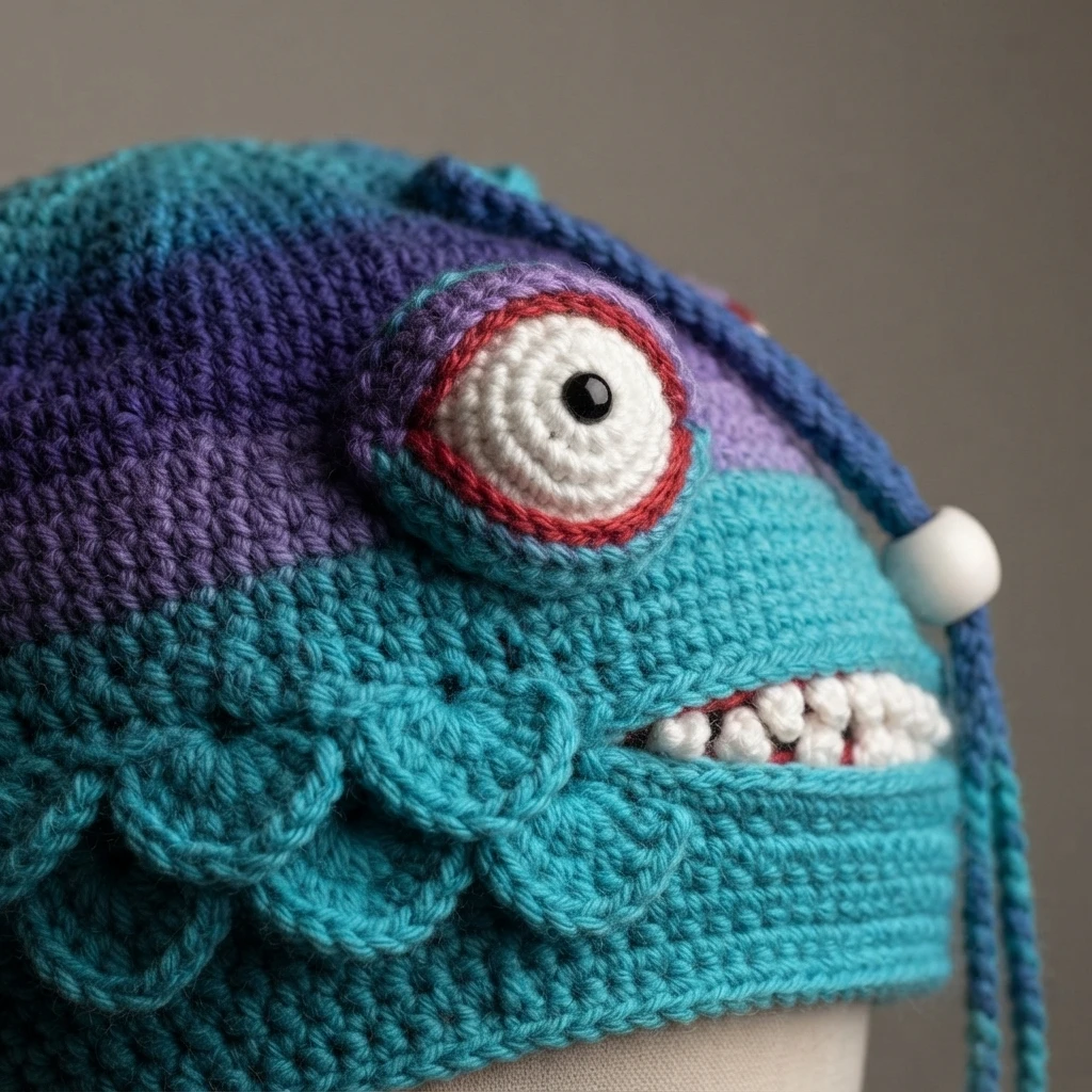 Close-up of a crocheted turquoise and purple monster hat with one large white eye with a red ring and black pupil, a smiling mouth with white teeth and red lining, and scalloped teal fins.