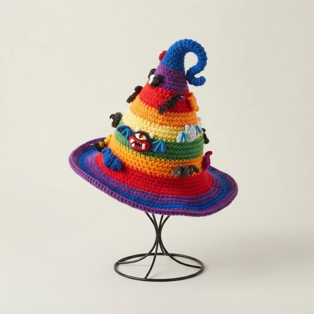 A rainbow crochet witch hat with a curved tip and small monster appliques, displayed on a black wire stand against a plain light background.