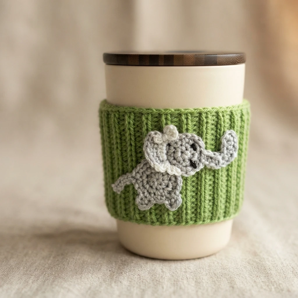 Green ribbed crochet cup cozy wrapped around a cream tumbler with a brown lid, decorated with a grey crocheted elephant appliqué, photographed on a beige cloth.