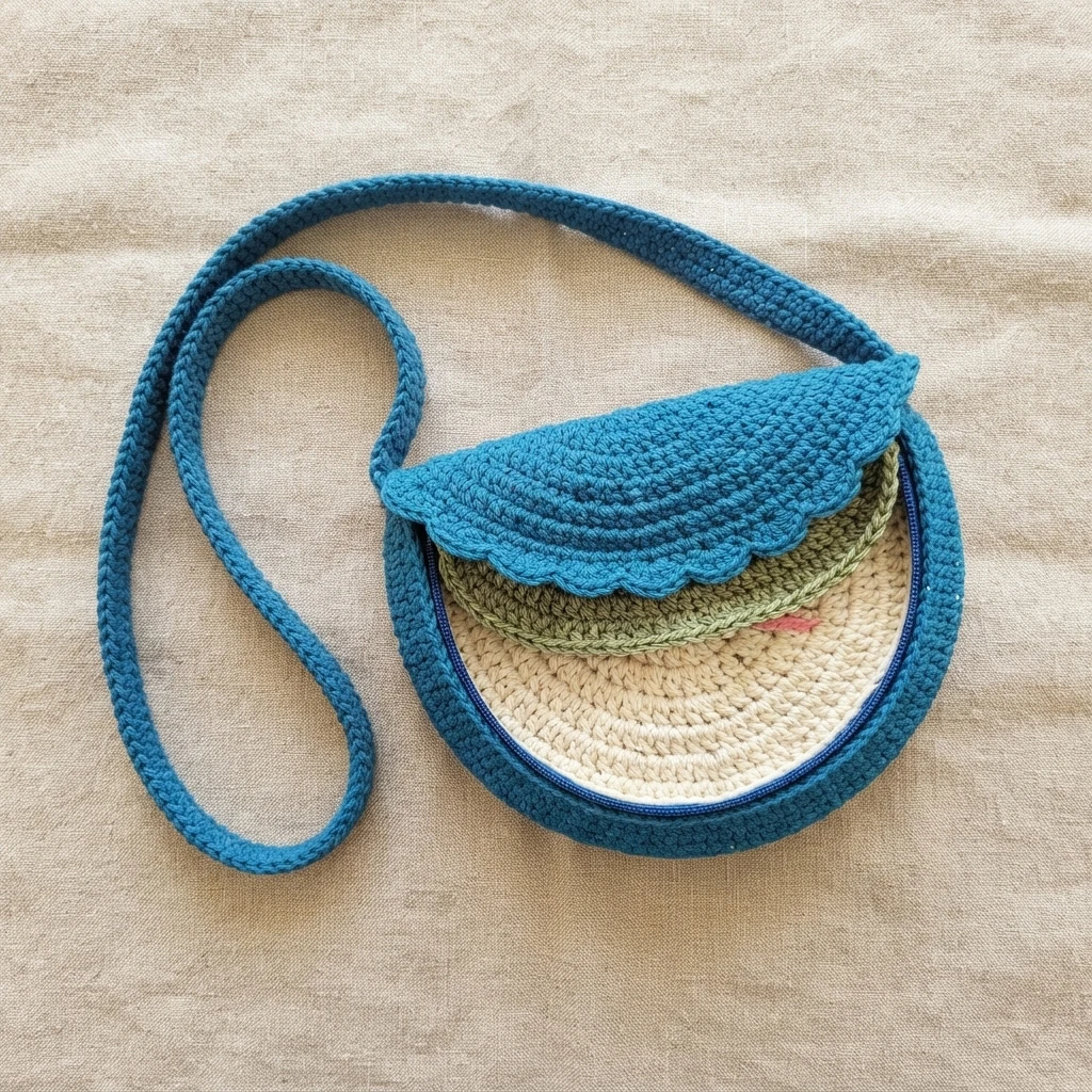 Open round blue crochet bag with cream interior, green trim, scalloped flap and long blue crochet strap on beige fabric
