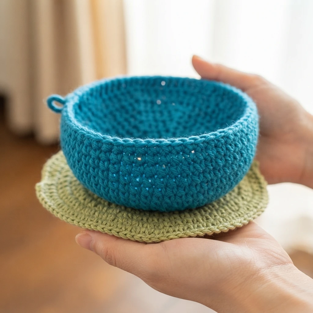 Hands holding an open blue crochet bowl shaped bag resting on a flat green lily pad disc