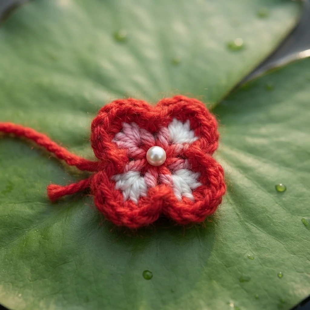 Red crochet flower applique with white and pink inner details and a pearl bead center resting on a green lily pad leaf