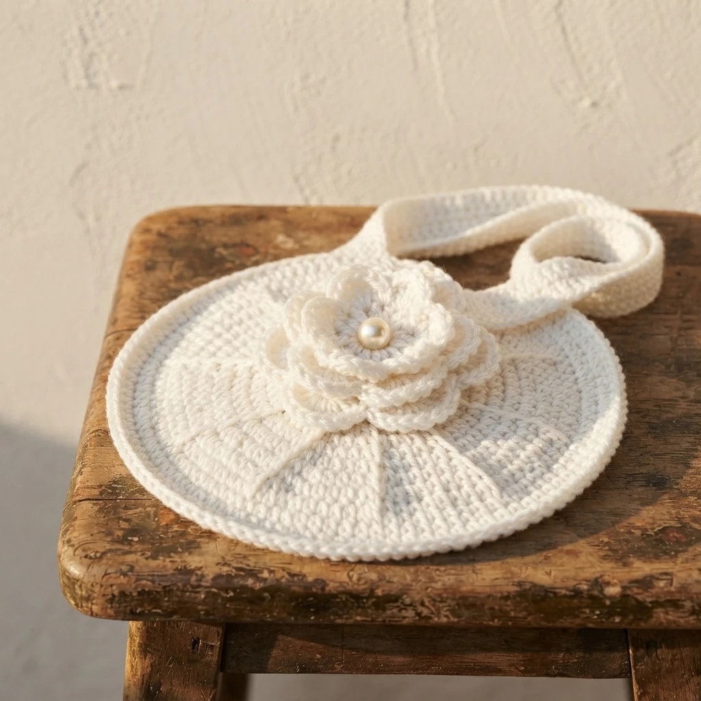 White crochet round bag with a layered white flower and pearl center on a wooden stool