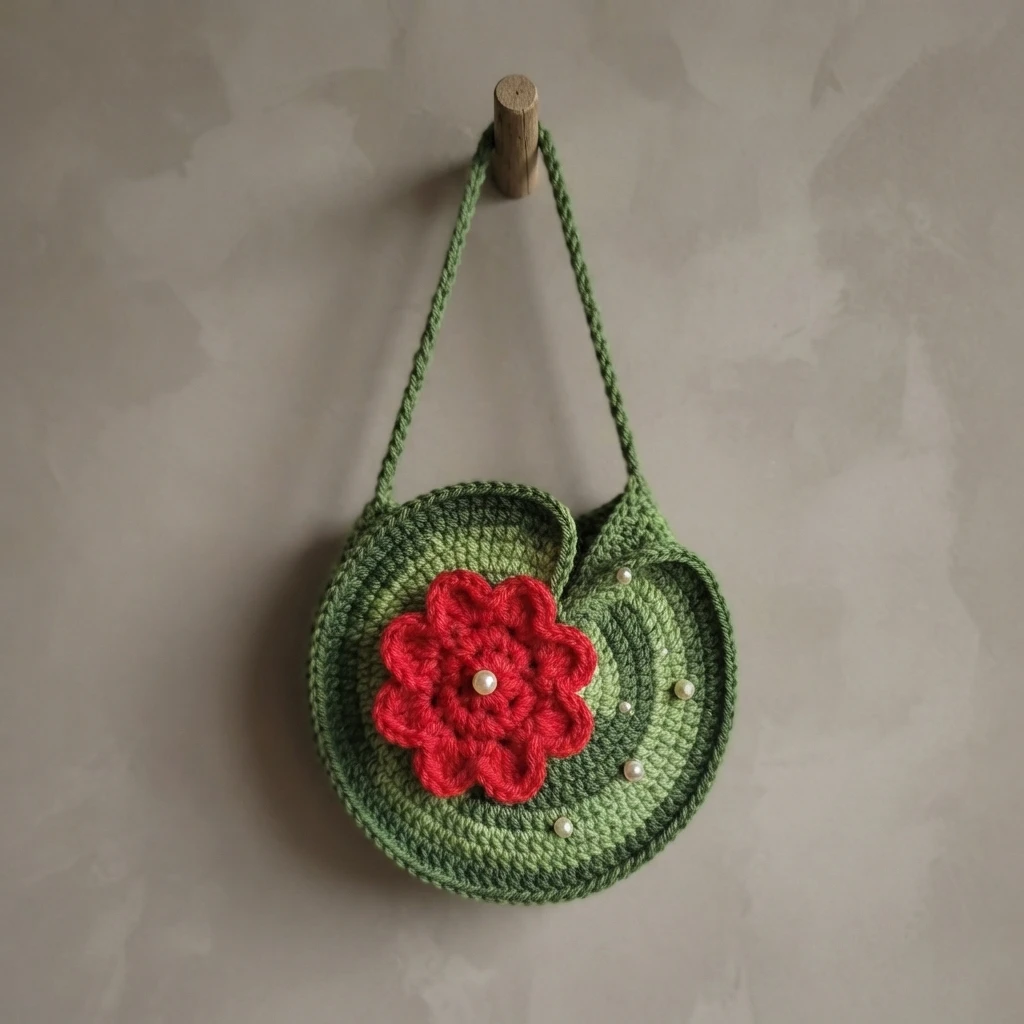 Green crochet round bag hanging from a wall peg with a red flower applique with a pearl center and scattered pearl beads