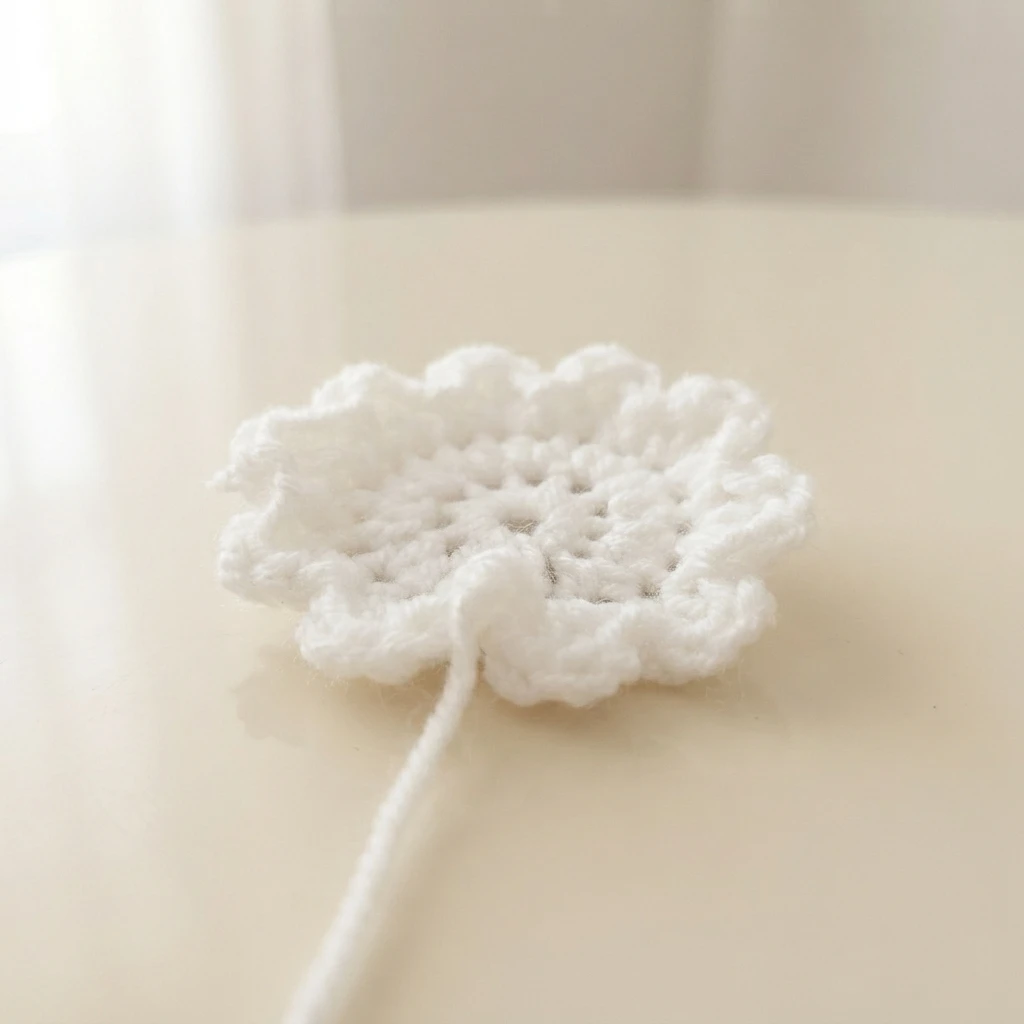 White crochet flower applique with ruffled petals and a yarn tail on a light surface