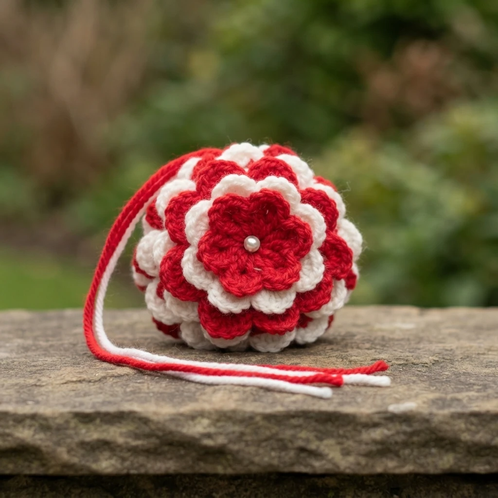 Layered crochet flower applique in red and white with a small pearl bead at the center, resting on a stone surface outdoors