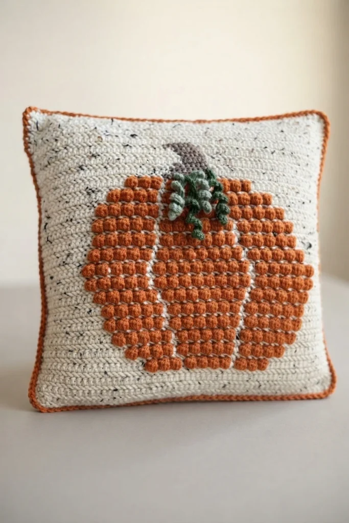 Coussin crocheté carré à motif de citrouille orange en relief, avec une tige brune, des vrilles vertes et une bordure orange, posé sur un fond clair.