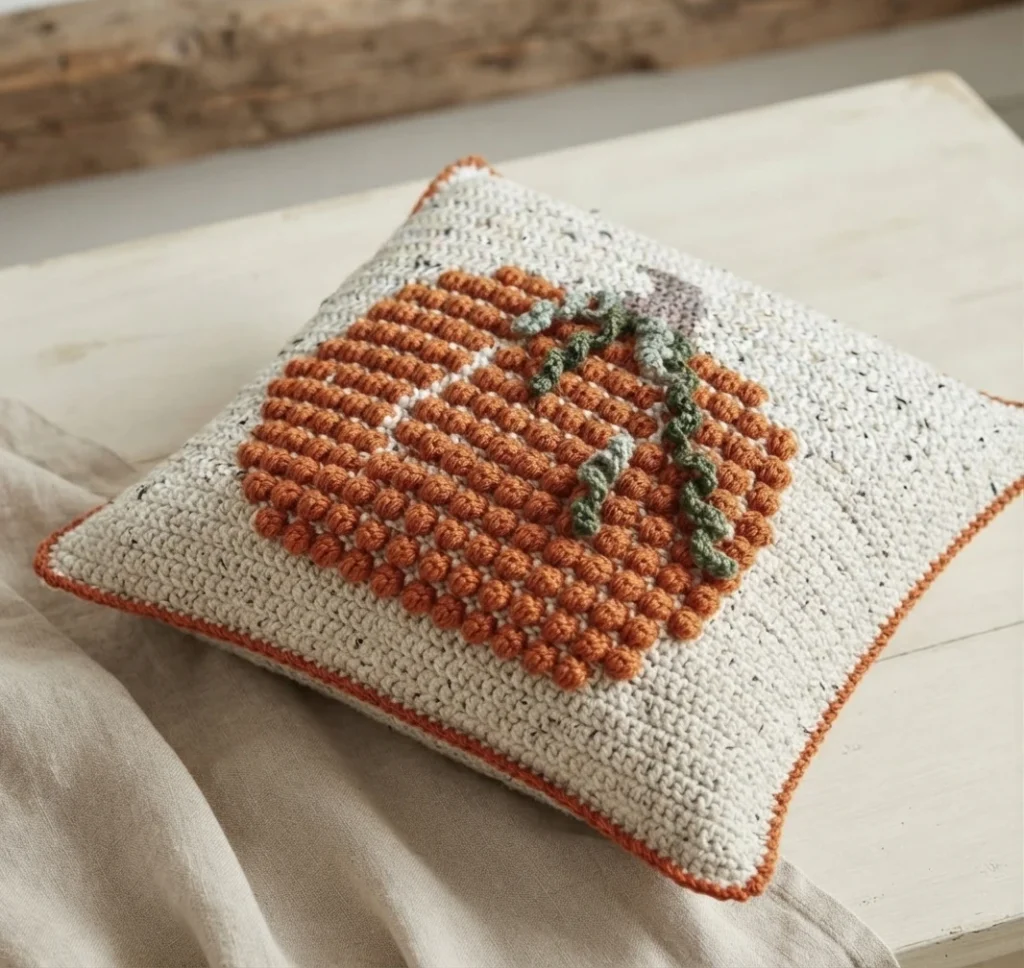 Coussin crocheté écru moucheté avec une citrouille orange en relief, des vrilles vertes et une bordure orange, posé en biais sur un banc.
