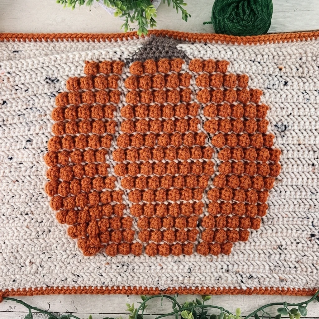 A flat ivory crochet pillow panel with a raised orange pumpkin, a gray stem, and an orange border, on a wooden surface beside green yarn and a plant.