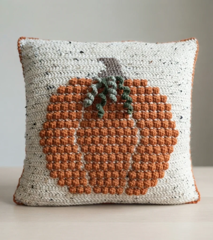 Square ivory crochet pillow with a raised orange pumpkin, green vines, a brown stem and orange edging, displayed upright on a table.