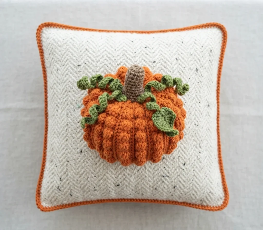 Square cream crochet pillow with an orange border and a raised orange pumpkin topped with a brown stem and green vines.