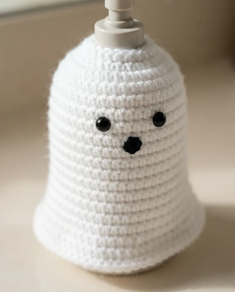 White crocheted ghost soap dispenser cover with two black eyes and a small black embroidered mouth, shown fitted over the pump of a soap bottle on a light countertop.