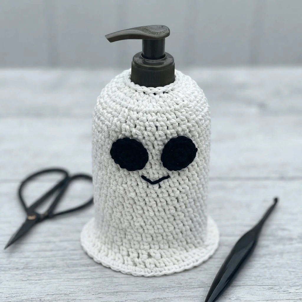White crochet ghost soap cover with two black oval eyes and a small stitched smile, fitted over a dark soap dispenser pump on a light grey wood surface, with black scissors and a black crochet hook resting nearby.